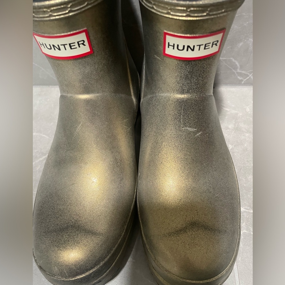 Hunter Metallic Gold Short Rain Boots with Striped Pull Tabs - Picture 3 of 10